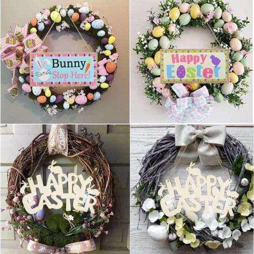 1Pc Happy Easter Decor Wooden Door Hanging Sign Cute Easter Egg Rabbit Pendant Wood Crafts For Home DIY Easter Wreath Supplies