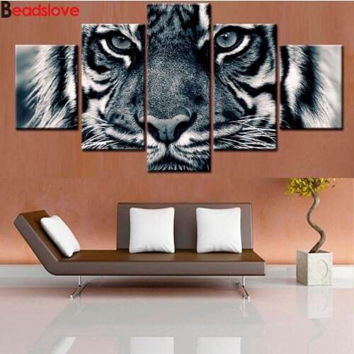 Black and white tiger photo DIY Diamond picture Diamond Embroidery Full square round Diamond Mosaic 5 Pieces animal wall decor