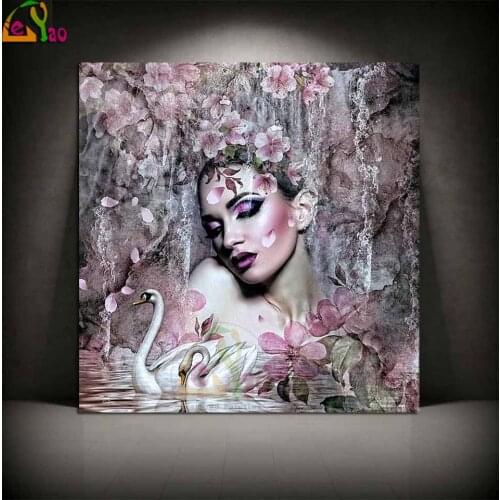 Diy diamond embroidery sale Fantasy Flower Woman,5d diamond 3d cross stitch full square round 3D pictures Lake Swan waterfall