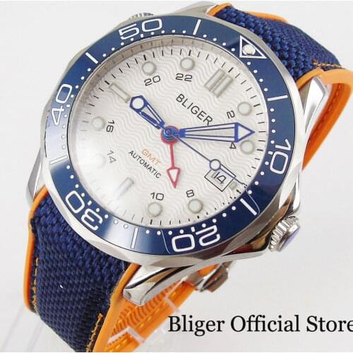 BLIGER Automatic GMT Men Watch Sapphire Glass Rotating Bezel Rubber Band Ceramic Bezel White Dial