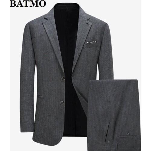 BATMO 2021 new arrival high quality casual grey striped suits men,male suit,plus-size 21857T