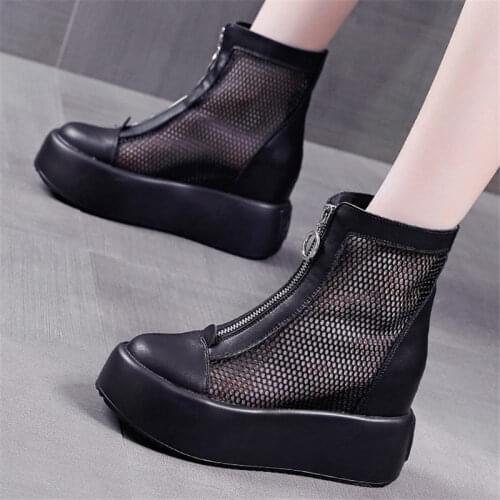 Punk Goth Creepers Womens Summer Cow Leather Ankle Boots Platform Wedge Sandals Round Toe Military Oxfords High Heels