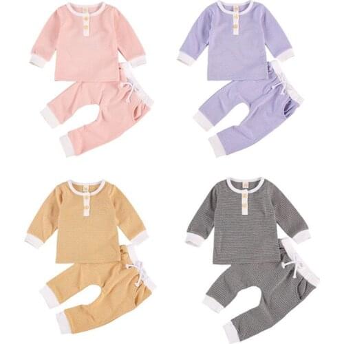 0-24 Months Unisex Newborn Solid Color Outfits Infant Decorative Button Top Side Pocket Drawstring Trousers Spring Fall Baby Set