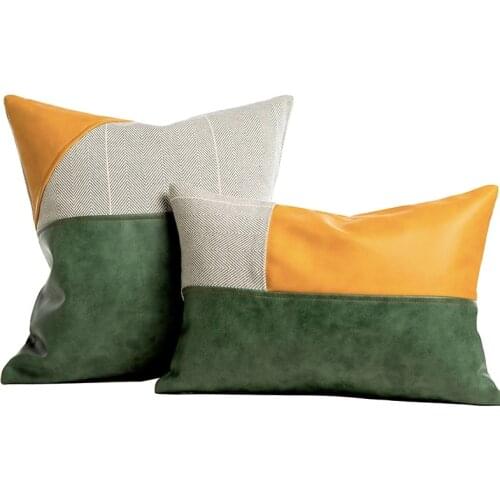DUNXDECO Cushion Cover Decorative Pillow Case Modern Yellow Green PU Patchwork High Quality Artistic Coussin Room Sofa Decorate