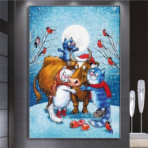 Square/Round Diamond 5D DIY Diamond Painting Ox Year Mascot Cartoon Blue Cat Cow 3D Embroidery Cross Stitch 5D Home Decoration