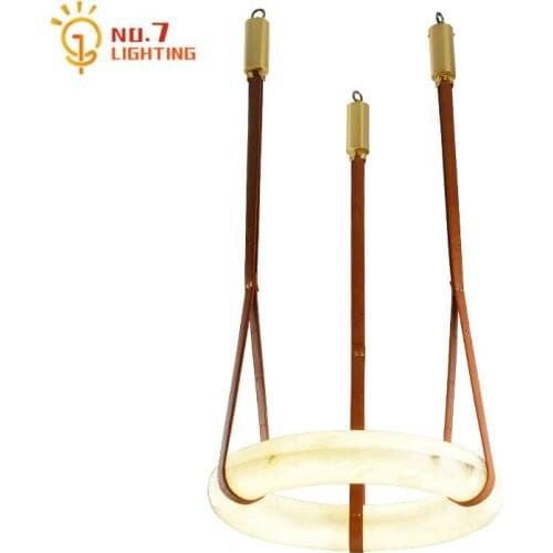 Chinese Modern Leather Copper Hanging Lamp Round Marble Light for Livng/Dining Room Decoration Restaurant Study Tea Room Coffee