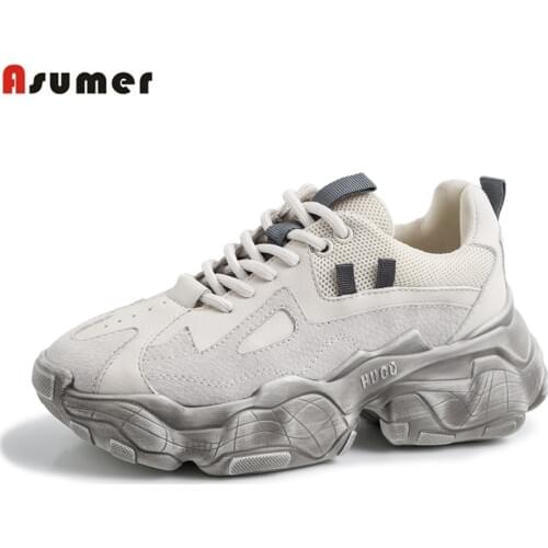 ASUMER 2020 Genuine Leather Sneakers For Women High Quality Spring Summer Ladies Sneakers breathable Platform Flat Casual Shoes