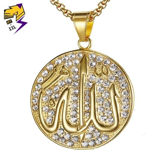 Faith Muslim Islam Allah Pendant Necklaces Gold Color Stainless Steel Ice Out Long Chain Crystal Necklace Men Religious Jewelry