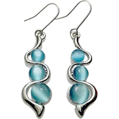 New Inlaid Hylan Cats Eye Gemstone Wave Earrings European and American Creative Curve Earrings Female Elegant Temperament