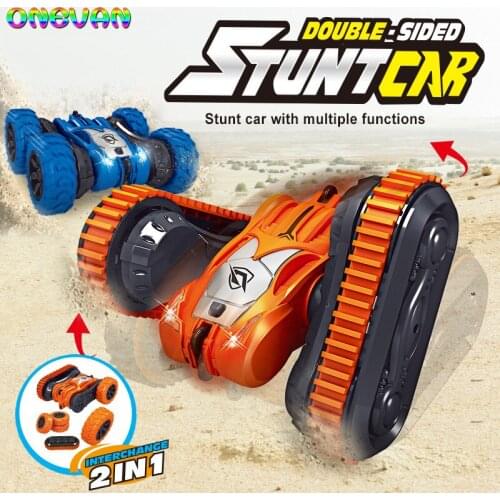 RC Car 2in1 4WD Double-sided Stunt Vehicle Tracked Desert Wheel High-Speed 360 Roll Remote Control LED Lights Toys for Kids Gift