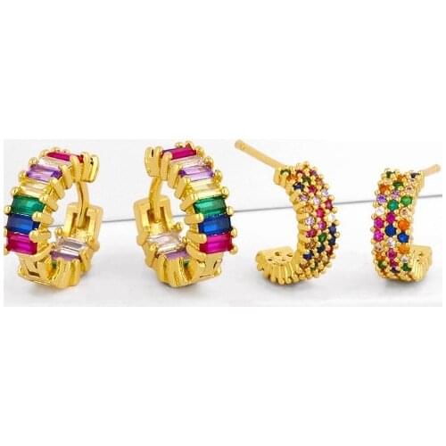 Tube multicolor Brass micro pave cz zircon cubic zirconia drop Hoop Earrings copper gold plated crystal studs rg42