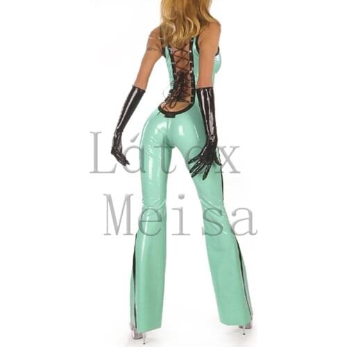 Sexy 100% natural latex Zentai womens jumpsuit with back lace-up decorations in light blue color