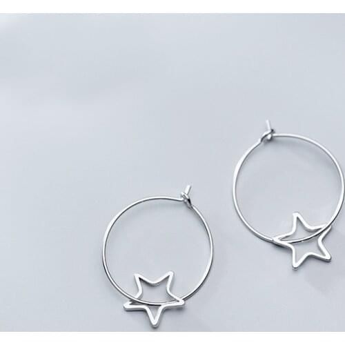 MloveAcc 100% Solid 925 Sterling Silver Jewelry Korea Minimalism Star Hoop Earrings Fashion Jewelry for Cute Women Girls Gift