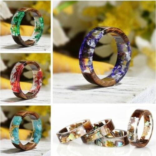 Unisex Charm Clear Wood Resin Ring Handmade Dried Flower Epoxy Rings Colorful Round Personality Ring for Women Men 2019 Hot Sale
