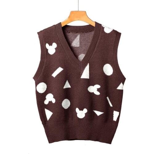 Urifens Plaid Waistcoat 2021 Spring Geometric Print Vintage Brown Sweater Vest Women Loose Korean V-neck Knitted Tops BN77U