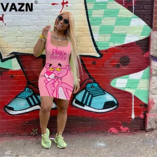 VAZN Sweet 2020 yong girl 3 colors cartoon sheath mini dress sleeveless waistcoat Pink Panther clever dress women popular dress