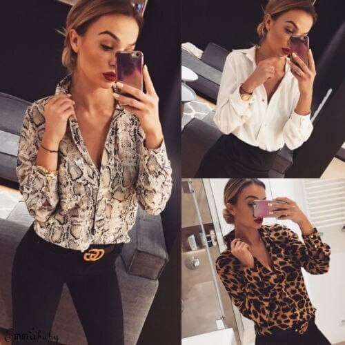 New Hot Fashion Sexy Snake Skin Leopard Printed Blouse Women Elegant V-Neck Loose Long Sleeve Shirts Tops Casual Streetwear