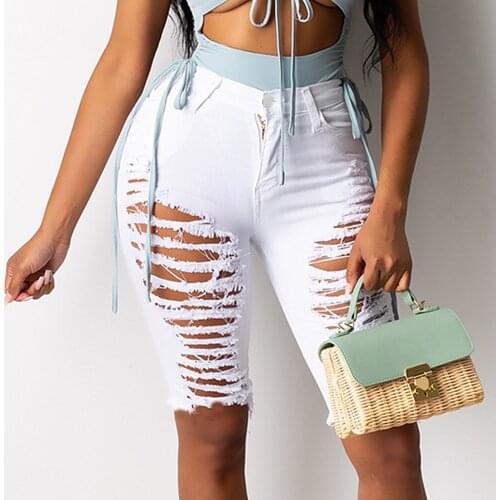 White Hole High Waist Denim Shorts Women 2021 Summer New Cotton Black Ripped Streetwear Jeans Shorts Lady Knee Length Jeans