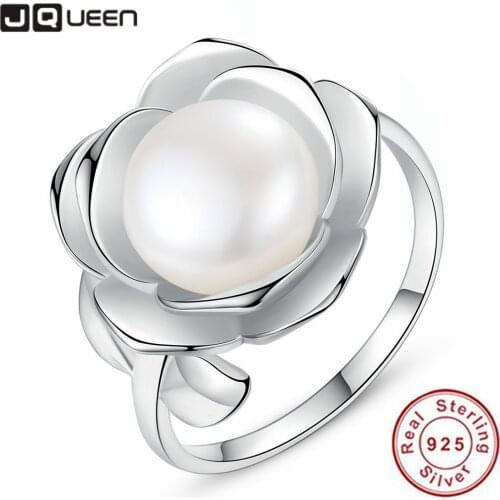 JQUEEN 925 Sterling Silver Open Rings Korea Fashion Flower Natural Freshwater Pearl Resizable Women Rings Elegant Party Ring