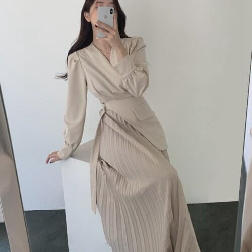 2021 Autumn Korean Casual V-neck Slim Waist Female Dress Elegant Full Sleeve Women Patchwork Pleated Vestidos