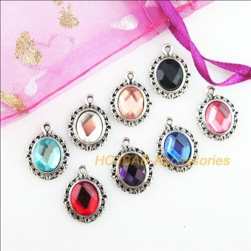 16 New Oval Charms Tibetan Silver Tone Retro Mixed Crystal Pendants 13.5x18mm