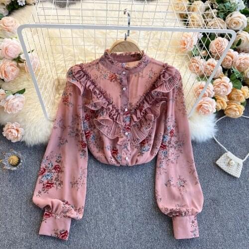 2021 New Style Chiffon Puff Sleeve Shirt Womens Spring Clothes Female Sweet Fungus Blusa Pressed Floral Bluose C219