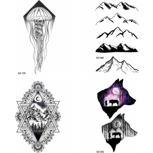 25 Style Geometric Jellyfish Fake Tattoo Men Arm Peak Temporary Tattoo Women Forearm Waterproof Tattoo Moon Wolf Stickers