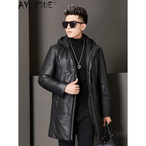 AYUNSUE Men Clothing Genuine Leather Winter Down Jacket Male 5XL Hooded Real Sheep Shearling Coat Thick Windbreaker Ropa LXR341