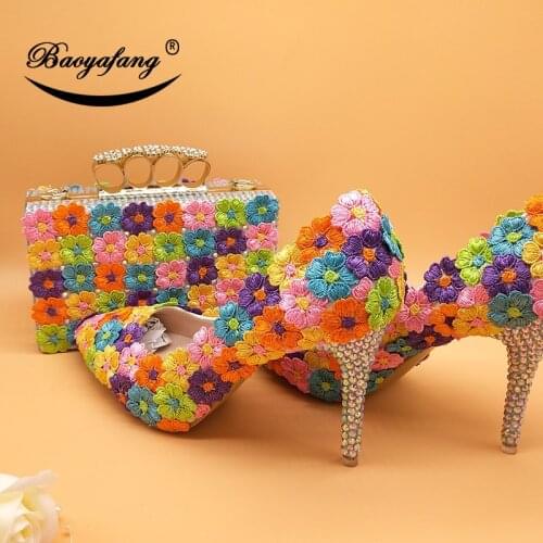 BaoYaFang Womens wedding shoes with matching bags Pointed Toe Multicolored flower shoes and bag sets thin heel
