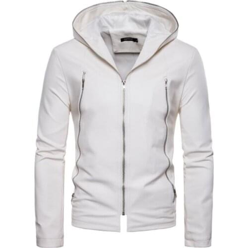 Hooded motorcycle leather jacket men spring winter white mens faux leather coats british short clothes jaqueta de couro B371