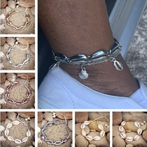 Handmade Shell Anklets Bohemian Leather Woven Natural Shell Foot Jewelry Gifts Gold Silver Women Men Summer Beach Bracelet Ankle