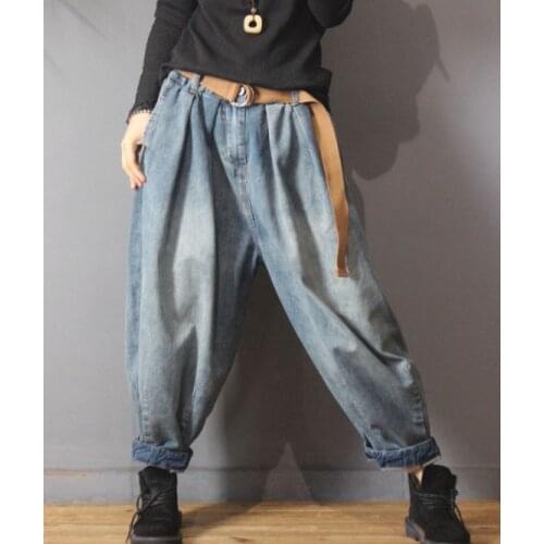 Women Spring Elastic Waist Loose Denim Harem Trousers Jeans Female Vintage Knickerbockers Ladies Casual Denim Pants 2021