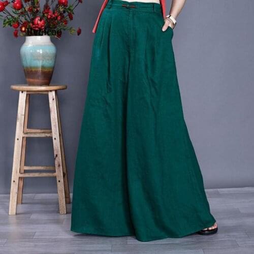 Full Length Cotton Linen Loose Solid Color Elastic Waist Wide Leg Pants 2020 Summer New Leisure All-match Women Pants