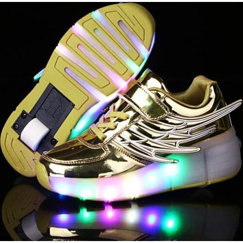 Roller Skates Shoes Children One Wheel Glowing Lighted LED Boys Girls Kids Fashion Casual Sports Wheelys Golden Skating Sneakers