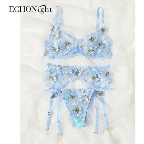 Echonight Exotic Costumes Lace Sexy Lingerie Set Butterfly Underwear Set 3 Piece Set Bra with Bones Lace Exotic Apparel