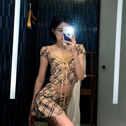 IAMGIA Milk Tea Plaid Set 2021 Spring/Summer New Womens Fashion High Waist Short Skirt Hot Girl Sling Short Top IAMGIA Milk Tea