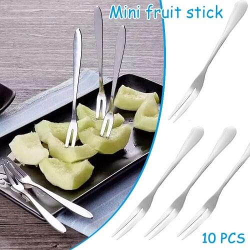 Small Stainless Steel Forks for Cocktail Appetizer Dessert Party 10 Pieces 2-prong Fruit Fork Household