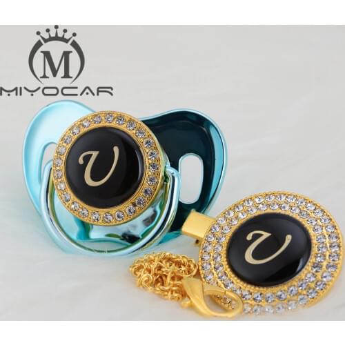 MIYOCAR name Initial letter U elegant silver bling pacifier and pacifier clip BPA free dummy bling unique design SGS pass LU