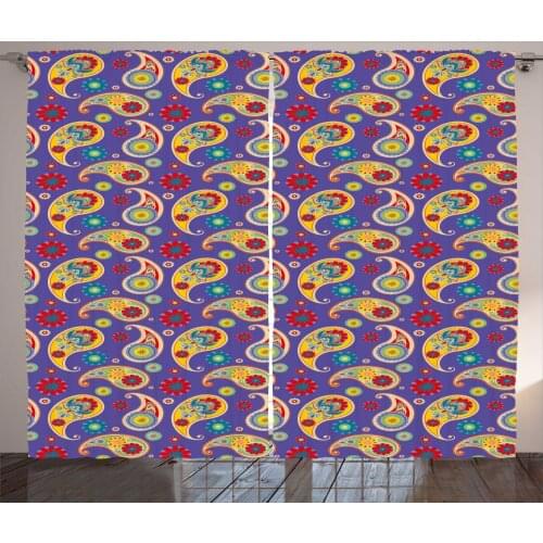Quirky Paisley Curtains Repetitive Eastern Hippie Art Satin Fabric Drapes for Living Room Bedroom 2 Panel Window Set