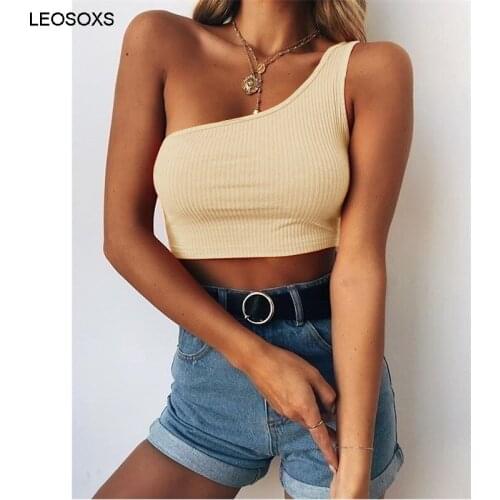 Vetement Femme 2021 New Solid Color Low-cut Sleeveless Umbilical One-shoulder Halter Vest Fashion Sexy T-shirts