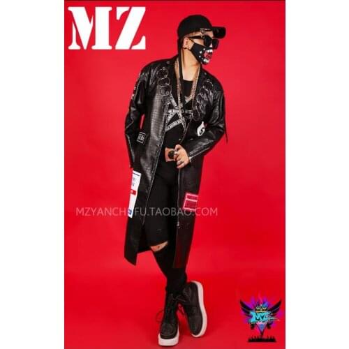 Original male singer male DJ windbreaker GD imitation crocodile leather long section iron ring loose thin coat costume A314