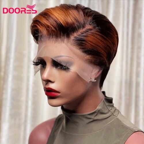 Straight Bob Pixie Cut Wig Remy 4x4 Lace Closure Wig Pre Plucked 13x4x1 Lace Front Wig Brown Ombre Human Hair Wigs for Women M