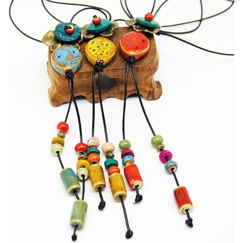 Retro ethnic style Handmade ceramic Bead pendant sweater chain necklace N296