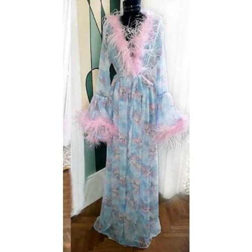 Pink Feather Print Robe 2020 New Ruffles Party Sleepwear Custom Made Nightgown Robes Puffy Skirt Photography Boudoir Pajamas