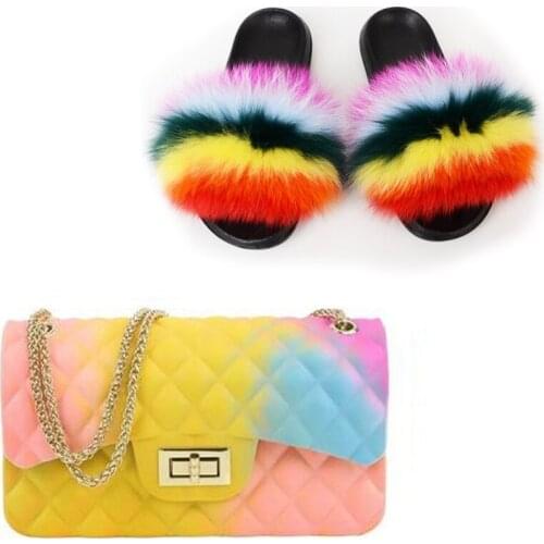 Womens Fluffy Fur Slippers Rainbow Colorful Jelly Shoulder Bag Shoes Sets Woman Furry Real Fox Fur Slides Girls Plush Flip Flops