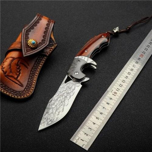 Folding knife Damascus steel camping sharp hunting knife sandalwood handle outdoor tactical EDC survival self defense tool