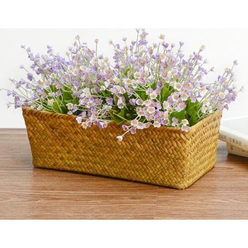 Straw Storage Basket Weaving Seagrass Storage Box Desktop Cosmetics Sundries Organizer Rattan Picnic Basket Decorative Container
