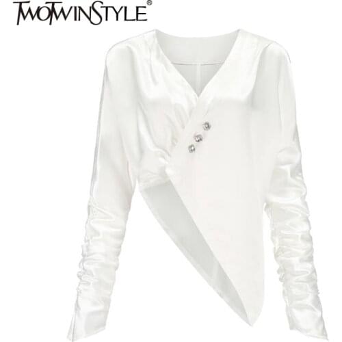 TWOTWINSTYLE White Casual Blouses For Women V Neck Batwing Long Sleeve Asymmetrical Womens Shirts 2021 Clothing Fashion Summer