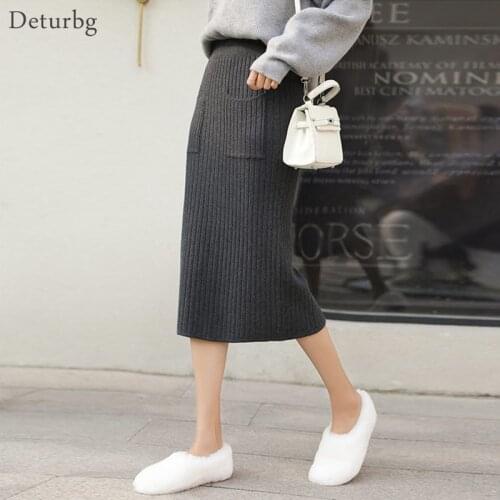 Womens Solid Knitted Midi Skirt Female Korean Casual High Waist Pockets Pleated Black Splits Pencil Skirts Saias Faldas SK421
