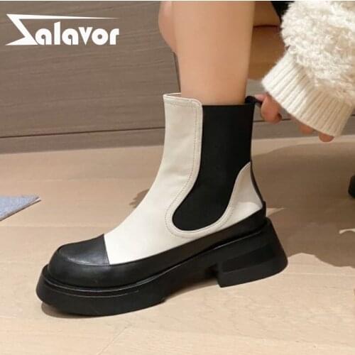 Zalavor Ladies Ankle Boots Genuine Leather Mix Color Winter Autumn Shoes Women Cool Chunky Short Boot Footwear Size 34-39